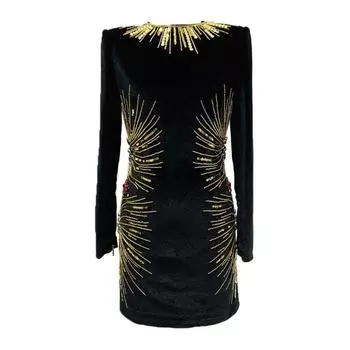 2025 Spring/Summer European and American Socialite Elegant Silm Slim Looking Heavy Industry Beads Sequin Pleuche Long Sleeve Dress Dress Black L