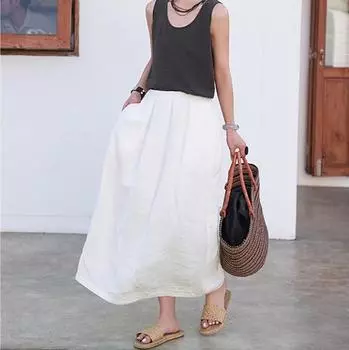 2025 Spring/Summer Hemp Design Fashion Silhouette Skirt with Half Elastic Waist and Slit M