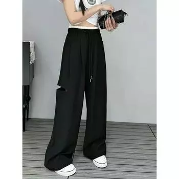 2025 Spring/Summer New Arrival Straight High Waist Loose Slimming and All-Matching Leisure Ripped Mop Trousers Drape K-style Slimming Black S