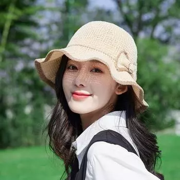 2025 Spring/Summer New Arrival Sun-Shade Fisherman Hat Women s Thin Big Brim Western Style Sun Hat Face Cover Ultraviolet-Proof Bows Fisherman-Beige All yards