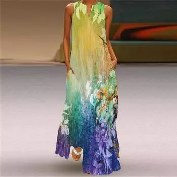 2025 Spring/Summer New Arrival Women s Clothing Fashion Gradient Effect 3D Stereo Print Dress V Neck Sleeveless Pocket Dress