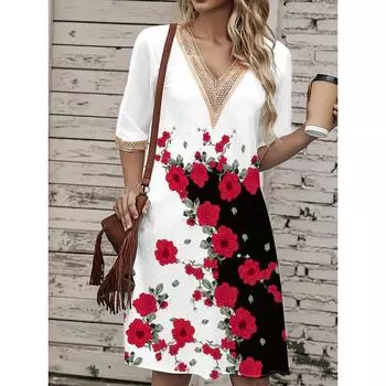2025 Spring/Summer New Arrival Women s Clothing over the Knee Midi Skirt 3D Print Short Sleeve Lace V Neck Waist-Controlled Large Hem Dress 20258206-16 3XL(75.00 kg-82.50 kg)