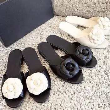 2025 Spring/Summer New Beach Vacation One Word Open Toed Flat Bottom Outerwear Camellia Slippers for Women 34