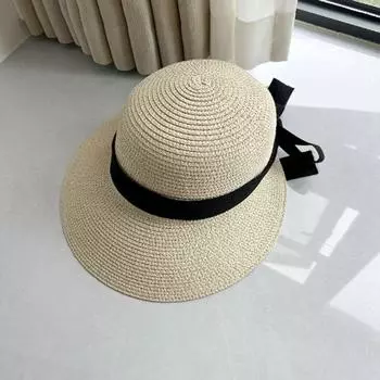 2025 Spring Summer New French style Ribbon Bow Straw Hat Female Big Brim UV Protection Beach Sun Hat Beige