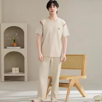 2025 spring summer pure cotton solid Leisure Men s Pajamas Set Elastic Waist Boys Sleepwear short Sleeve tops and long pants Soft Pijama Home Wear M