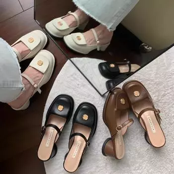 2025 Spring Summer Thick Heel Women Mules Slippers Shoes Fashion Cover Toe Slip On Shoes Ladies Casual Street Style Sandalias 35 коричневый