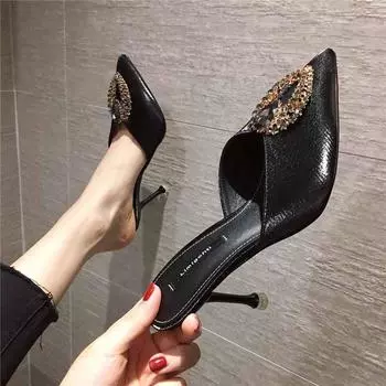 2025 spring versatile new small fresh girl sexy bag head slippers red rhinestone buckle French high heels women 35