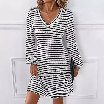 2025 spring white stripe Long Sleeve V-neck casual Mini Dress for Women Elegant Skinny Elastic Knitted Dresses Office Lady Dress S