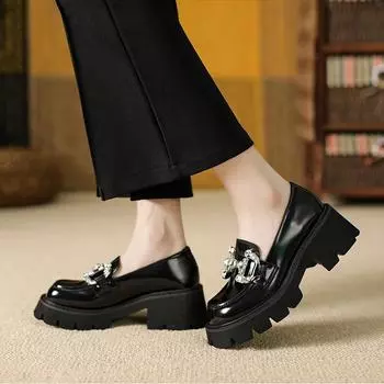 2025 Spring Women s Loafers British Style Slip on Platform Mary Jane Shoes Fashion Rhinestones Woman Japanese Jk Uniform Shoes 33 чёрный