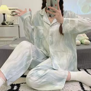 2025 весна женская пижама комплект шелковый тай-дай печать длинный рукав пижамы для отдыха ночная одежда пижамы для женщин домашняя одежда M