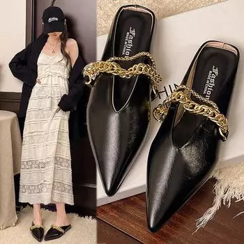 2025 spring Xiakou pointed head flat bottom slippers metal chain flat heel soft bottom outer wear bag head half drag sandals bag head drag 35 чёрный