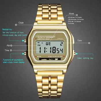 2025 steel belt led electronic watch ultra-thin gold and silver cold light watch F91W steel belt Harajuku fashion multi-function watch серебряный