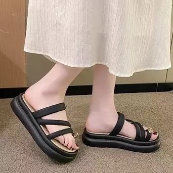 2025 Step on shit мягкие кожаные сандалии женские летние тапочки-бублики на толстой подошве носок с юбкой римские пляжные туфли 35 бежевый