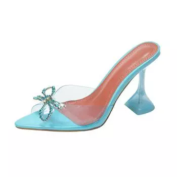2025 Стиль Инс Роскошные Стразы Бант Женские Сандалии Мода Женские Мюли Шлепанцы Летние Красные Мягкий ПВХ Высокие каблуки Желейные Туфли 35