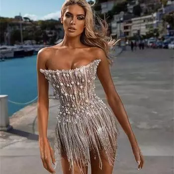 2025 Стильное коктейльное мини-платье с кисточками и жемчугом - облегающее, с запахом на груди, танцевальная юбка Medium