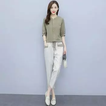 2025 Стильный женский костюм-двойка из хлопка и льна: Борьба со старением и похудение M жёлтый/имбирный