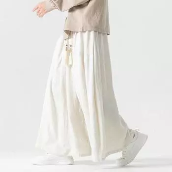 2025 Streetwear Мужские широкие брюки Harajuku Повседневные шаровары из хлопка и льна Спортивные брюки Мужские винтажные свободные брюки XL чёрный