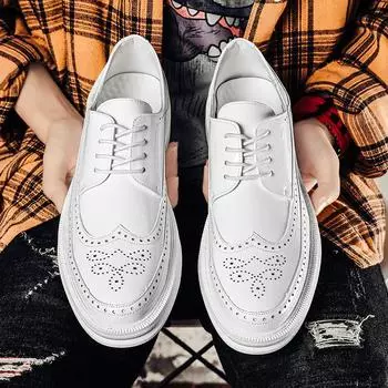 2025 suit small leather shoes white men s business dress casual platform Korean version versatile classic Brock trendy shoes 38 белый