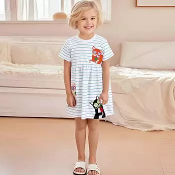2025 summer 100% Cotton cartoon cat Embroidery stripe Princess Dress for girl short Sleeve loose Skirt cute blue Girls dresses Kid Children s Clothing 2Y