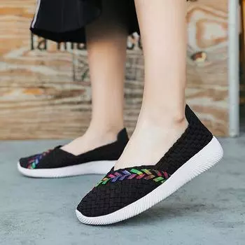 2025 summer and autumn elastic band woven shoes women s single shoes lightweight flat mother shoes large size women s shoes lazy shoes 35 чёрный