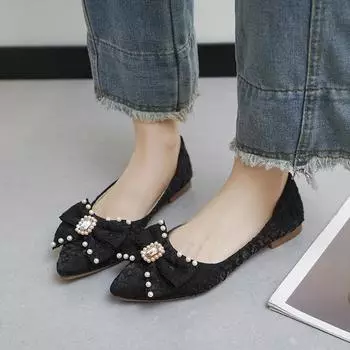 2025 summer and autumn new fairy wind shallow mouth pointed rhinestone bow flat single shoes casual beanie shoes ladyshoes 35