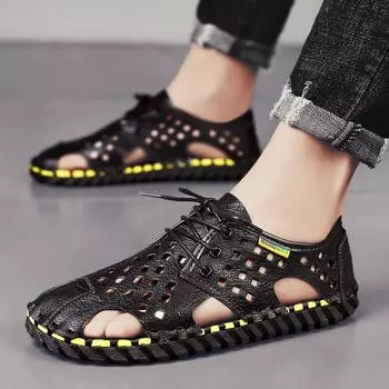 2025 summer bag head sandals retro trend outdoor breathable beach shoes men s shoes lace-up hollow hole Shoes 38 чёрный