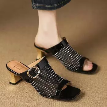 2025 Summer Chanclas Mules Breathable Women Slippers Round Toe Strange Style Microfiber Lace Slippers Cover Toe Women Flip Flops 35 чёрный