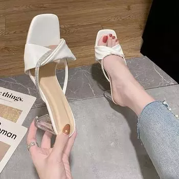 2025 summer crystal thick heel European and American square head rhinestone temperament large size cool slippers women s foreign trad 35 чёрный