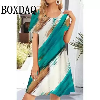 2025 Summer Dresses Fashion Women Abstract 3D Printing Print Dress Short Sleeve Casual O-Neck A-Line Dress Loose Clothing Spring S