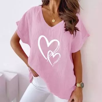 2025 Summer European American Hot Couple Love Print V-neck Cotton Linen Bat T-shirt Women S хаки