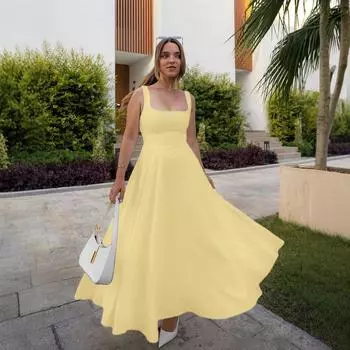 2025 Summer European & American Women s Square Neck Sleeveless Waist-Hugging Dress Small жёлтый