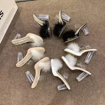 2025 summer fairy wind word with transparent crystal heel waterproof table Mao Mao cool slippers thick heel high heel sandals female 35