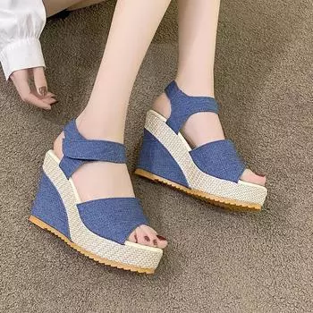 2025 summer fashion denim new muffin women s shoes European and American casual sandals magic platform wedge heel women s sandals 34 чёрный