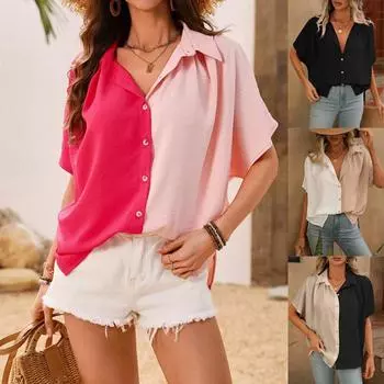 2025 Summer Fashion Short Sleeved Women s Shirt Elegant Loose Casual Patchwork Shirt Simple Top Lapel Streetwear Women s Clothing 3675 S чёрный