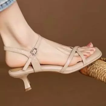2025 Summer Fashion Square Toe Narrow Strap Sandals Luxury Designer PU Comfort Outdoor Wedding High Heels Women Zapatos De Mujer 35
