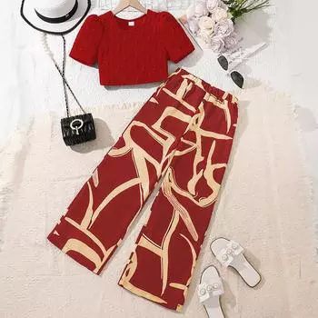 2025 Summer Girls Fashion Jacquard Top & Print Wide-Leg Pants Set 160cm