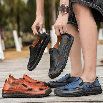 2025 summer hollow breathable men s shoes new leather cover foot handmade sandals men s large size beach shoes 38 чёрный