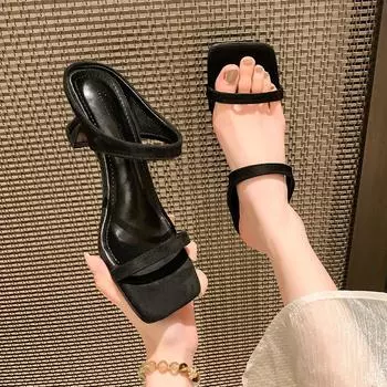2025 summer Internet celebrity new sexy high-heeled sandals women wear silver square head open toe word with stiletto sandals 35 чёрный