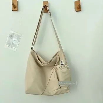 2025 Summer Light Canvas Bag Women s Large Capacity Texture Work Clothing Shoulder Messenger Bag College Student Class Schoolbag Off-white without pendant