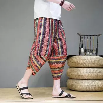 2025 Summer Men Ethnic Style Harem Pants Mens Striped Print Pants Men Japanese Street Pants Men Stitching Calf-Length Pants XL