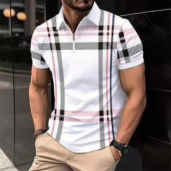 2025 Summer Men s Fashion New Lapel Zip-Up Short Sleeve Business Casual Street Striped Print Comfortable Polo Shirt S
