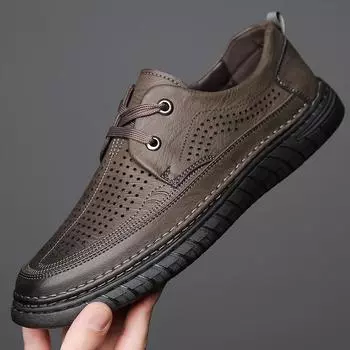 2025 summer men s lace-up soft leather casual men s shoes hollow rubber sole hole shoes hundred towers breathable leather sandals 38