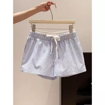 2025 Summer New Arrival American Vertical Stripes Double Waist Head Shorts All-Matching Casual Shorts Shorts Breathable Quick-Drying Wide-Leg Pants Blue and white strip.. 300 pieces from 44.9 yuan