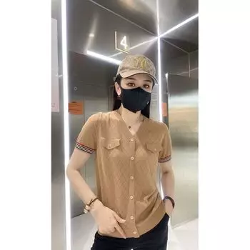 2025 Summer New Arrival Fashion Thin Silm Casual All-Match Rhombus V Neck Short Sleeve Tops Women s Knitwear T-shirt CAMEL M