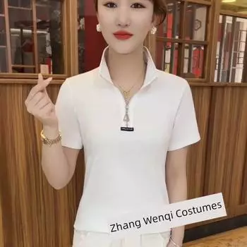 2025 Summer New Arrival Half Zipper Slim Fit Slimming and Fashionable Gold Carded Cotton Tops Women s Easiest for Match Slimming Short Sleeve T-shirt White L([45.00 kg-55.00 kg]])