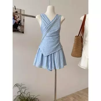 2025 Summer New Arrival K-style Fashion Temperament Waist-Controlled Slimming Sleeveless V-neck Vest + High Waist Culottes Two-piece Set Women Petrel Blue S