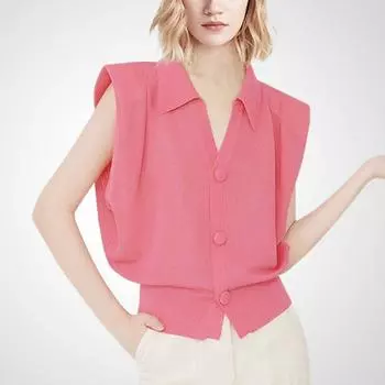 2025 Summer New Arrival Pink V-neck Sleeveless Padded Shoulder Stylish Niche Style Shirt Chic Western Style Solid Color Versatile Top Rose pink S