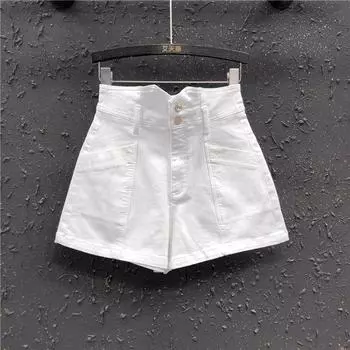 2025 Summer New Arrival Small V Waist A- line White Denim Shorts Female High Waist Loose and Slimming Loose Pants A- line Hot Pants White S