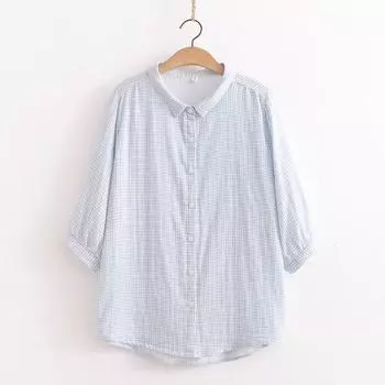 2025 Summer New Arrival Three-Quarter Sleeve Cotton Yarn Shirt Women s Loose Easiest for Match Embroider Flower Pure Cotton Soft Half Sleeve Shirt Light blue Gingham M 40.00 kg-62.50 kg