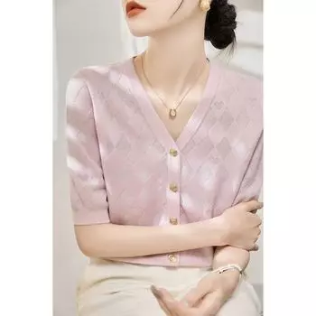2025 Summer New Arrival Women s Pink Button Loose Slim-Fit Half-Length Sleeve Knitting Cardigan V Neck Thin Tops Pink [fabric upgrade]] L